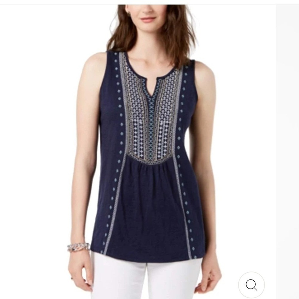 Charter Club Navy Blue Cotton Embroidered Tank Top Sleeveless Split Neck Large